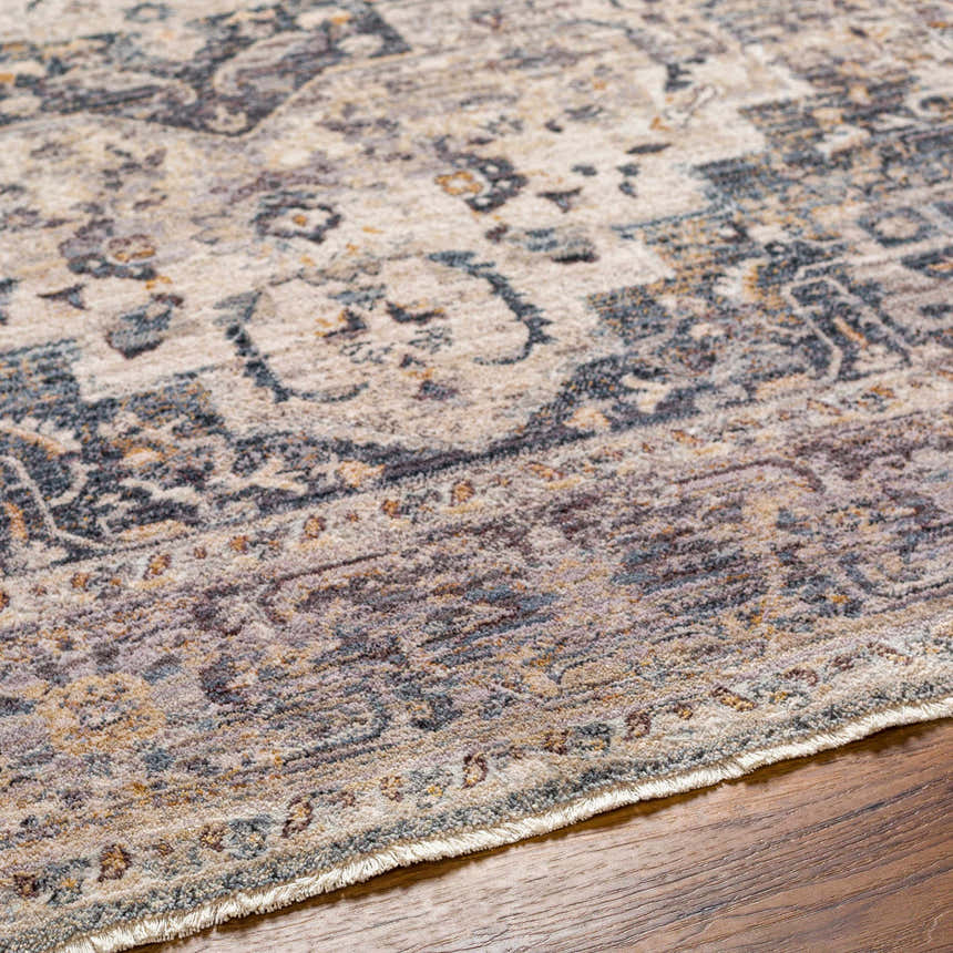 Close-up of the Rada Area Rug showing its beige, charcoal, and camel traditional pattern and soft texture. Texture