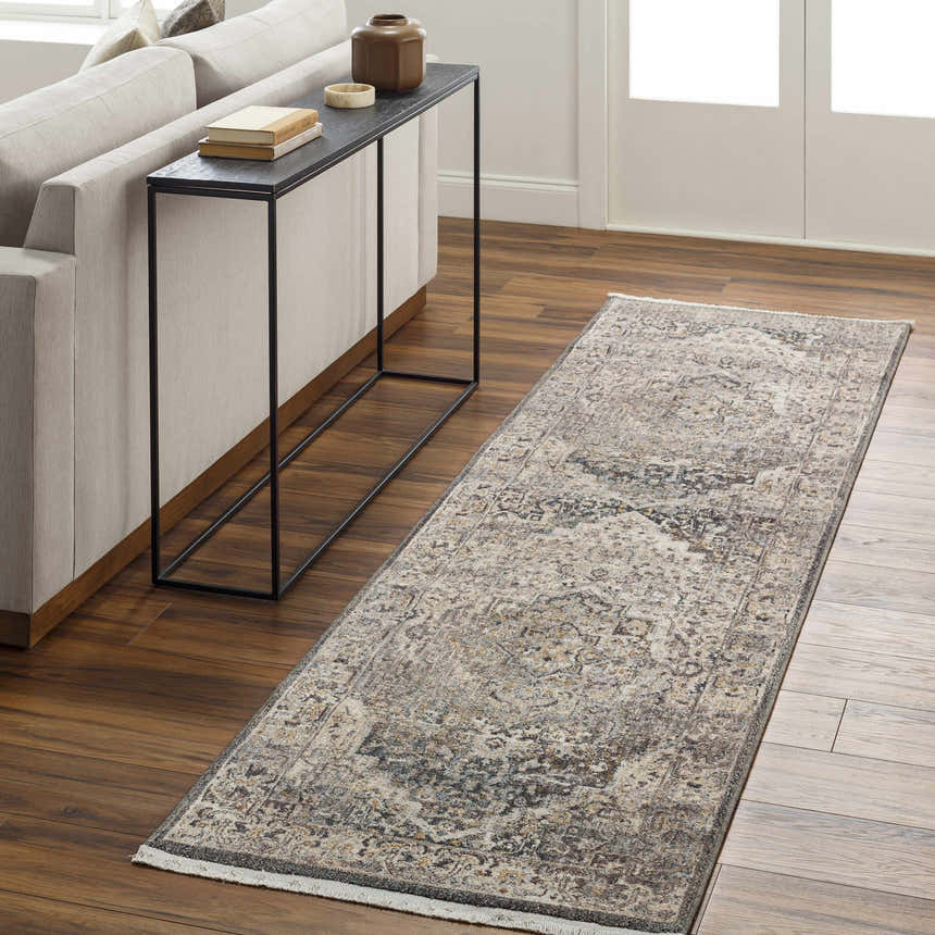 Living room scene with a beige sofa, console table, and a beige and charcoal Rada Area Rug runner. Roomscene-Runner