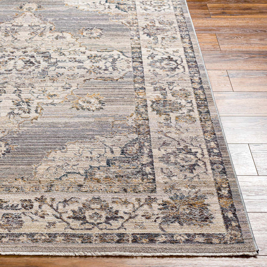 Close-up of the Cream Brown Zola Area Rug showing its beige, gray, and nutmeg traditional floral pattern and soft texture. Front