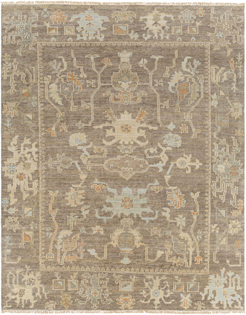 Detailed texture of the hand-knotted Berke Area Rug in brown, sage, gray, and off-white wool. Design-Rectangle-810