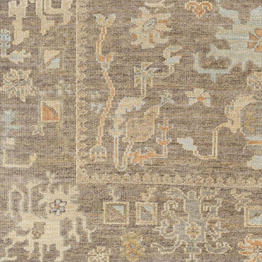 Close-up of the hand-knotted Berke Area Rug. Features a traditional pattern in brown, gray, dusty sage, and off-white wool. Swatch