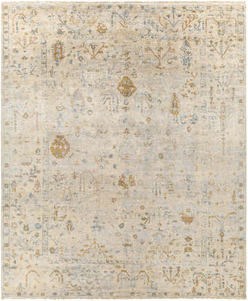 Close-up of the Sackville Premium Area Rug. Hand-knotted rug with beige, blue, and mustard tones in an oriental pattern. Design-Rectangle-810