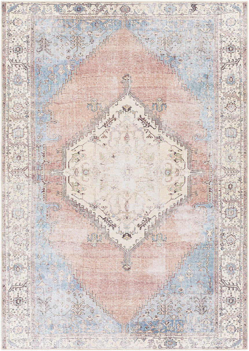 Close-up of the Sacriston Washable Area Rug, showcasing its bohemian-inspired design with aqua, rose, and light gray hues. Design-Rectangle-5373