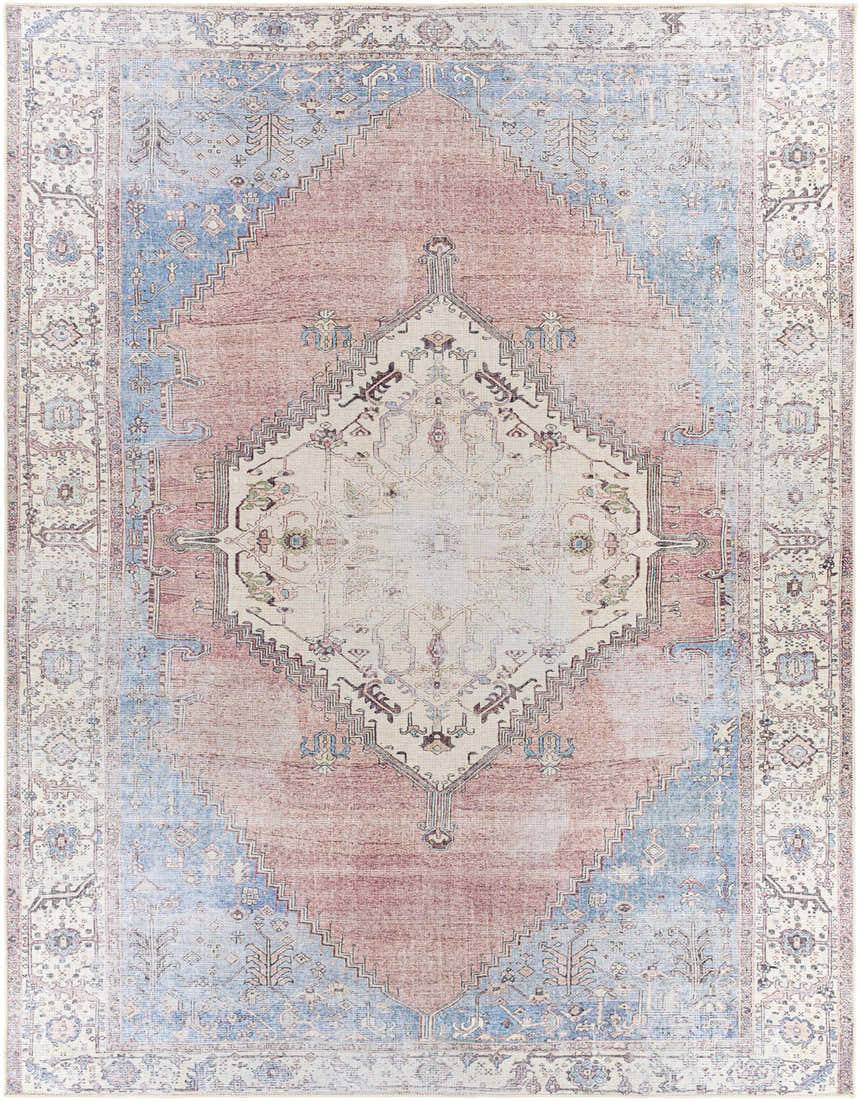Detailed view of the Sacriston Washable Area Rug, featuring a traditional design in aqua, rose, and tan hues. Design-Rectangle-710102