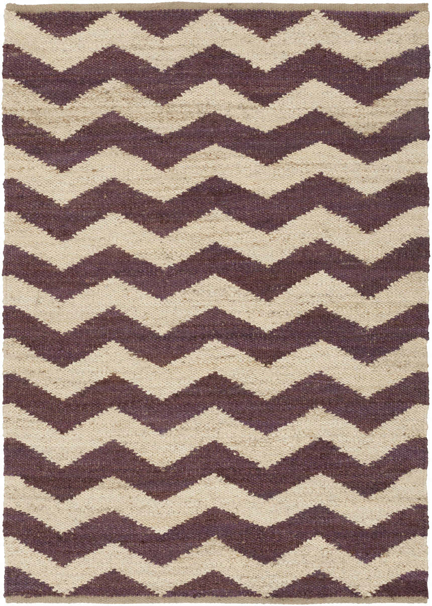 Close-up of Saginaw Jute Carpet featuring a beige and dark purple chevron pattern. Hand-woven texture. Farmhouse style. Design-Rectangle-576