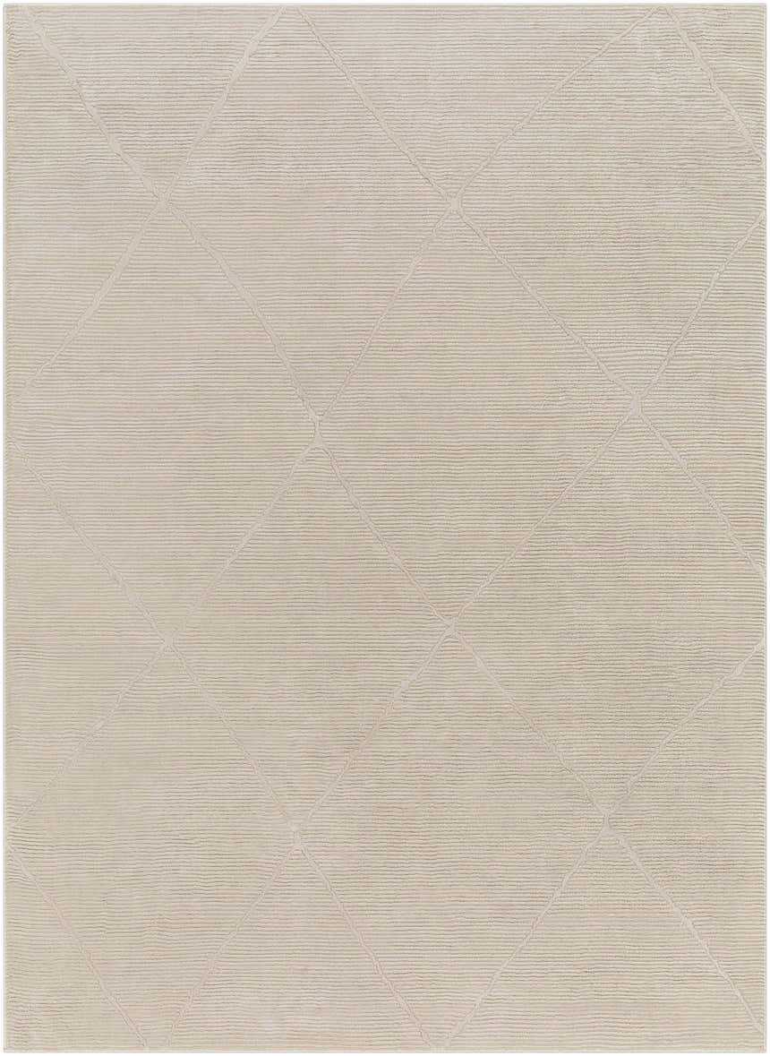 Close-up of the Aldis Tan Plush Textured Washable Rug, featuring a subtle diamond pattern and soft, plush texture. Design-Rectangle-4117