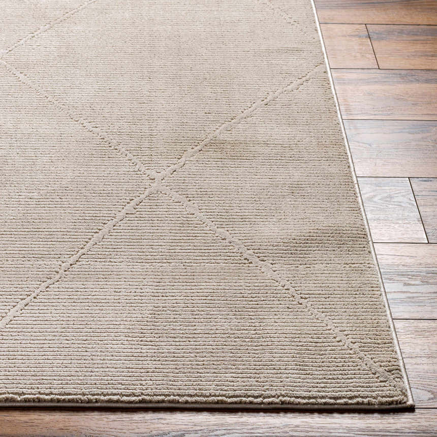 Close-up of the Aldis Tan Plush Textured Washable Rug showing its plush pile and subtle geometric diamond pattern. Front