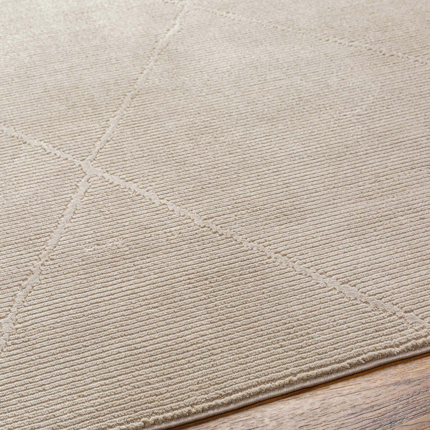 Close up of the Aldis Tan Plush Textured Washable Rug showing its plush pile and subtle geometric design. Texture