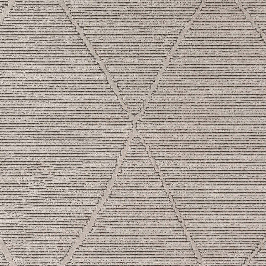 Close-up of the Aldis Grey Plush Textured Washable Rug, featuring a horizontal striped pattern with geometric diamond accents. Swatch