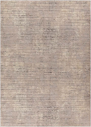 Close-up of the Chiyo Tan Plush Textured Washable Rug, featuring a horizontal stripe pattern in tan, cream, and charcoal. Design-Rectangle-537