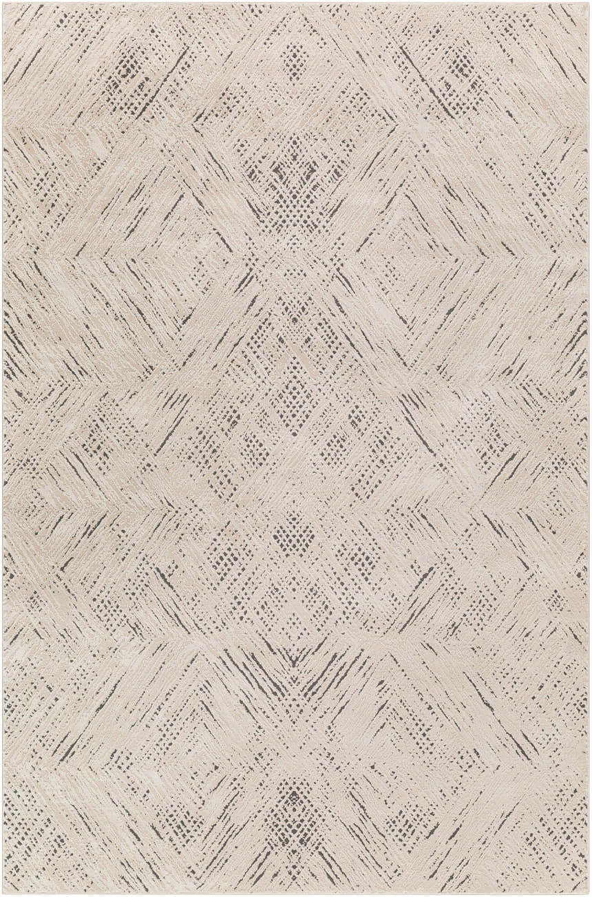Close-up of Garza Diamond Textured Washable Rug. Beige and gray rug features a contemporary diamond pattern. Design-Rectangle-4117