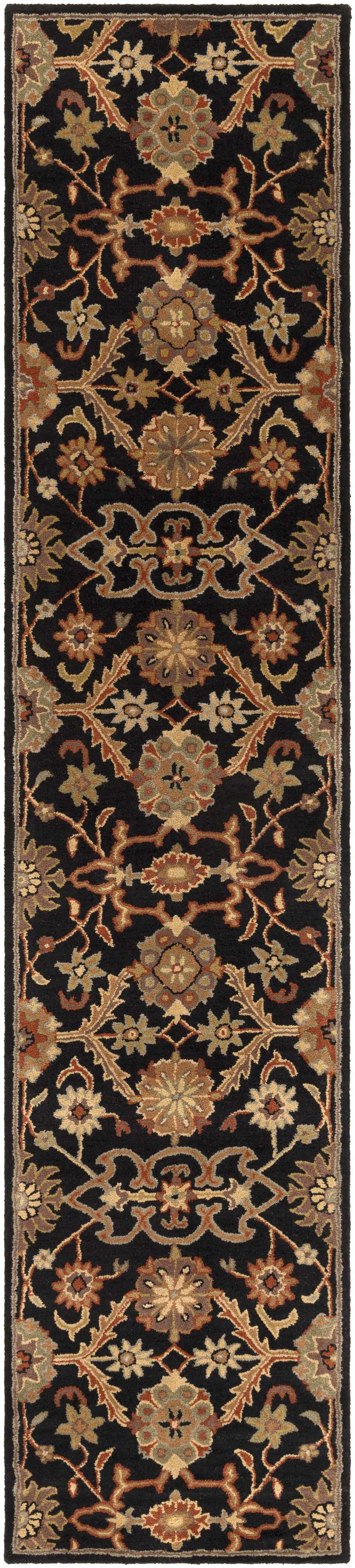 Close up of the Salix Hand Tufted Black Wool Rug, featuring a traditional floral pattern in brick red, tan, and olive tones. Design-Runner-310
