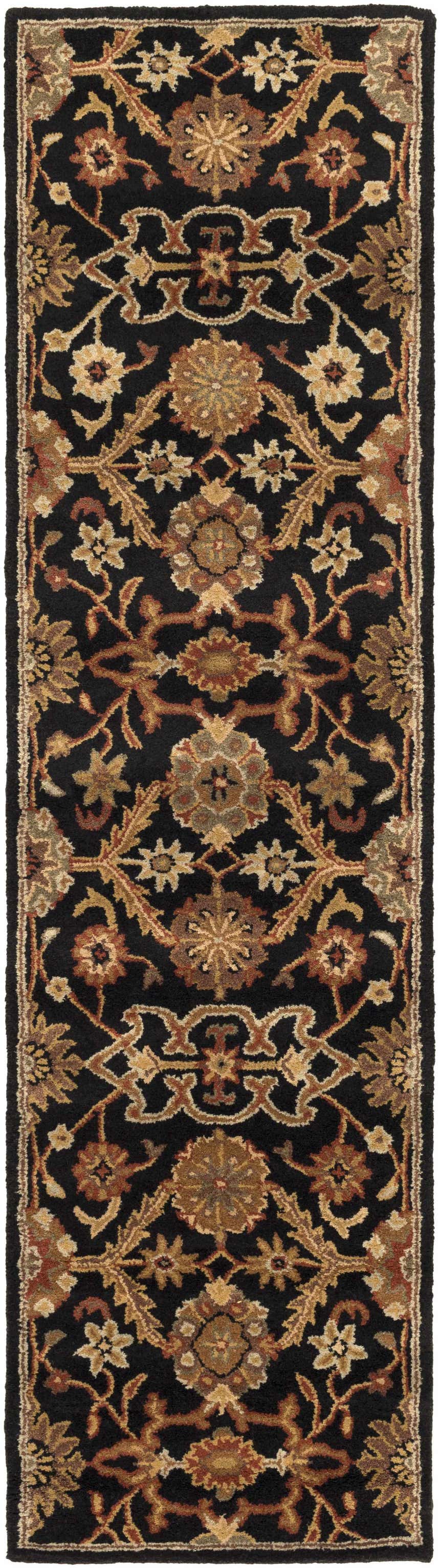 Close-up of the Salix Hand Tufted Black Wool Rug, showcasing its floral pattern in black, brick red, camel, and tan hues. Design-Runner-38