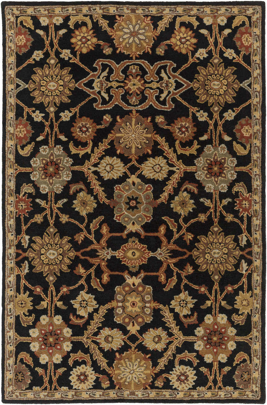 Detailed view of the Salix Hand Tufted Black Wool Rug with floral pattern in brick red, camel, mustard, and sage tones. Design-Rectangle-576
