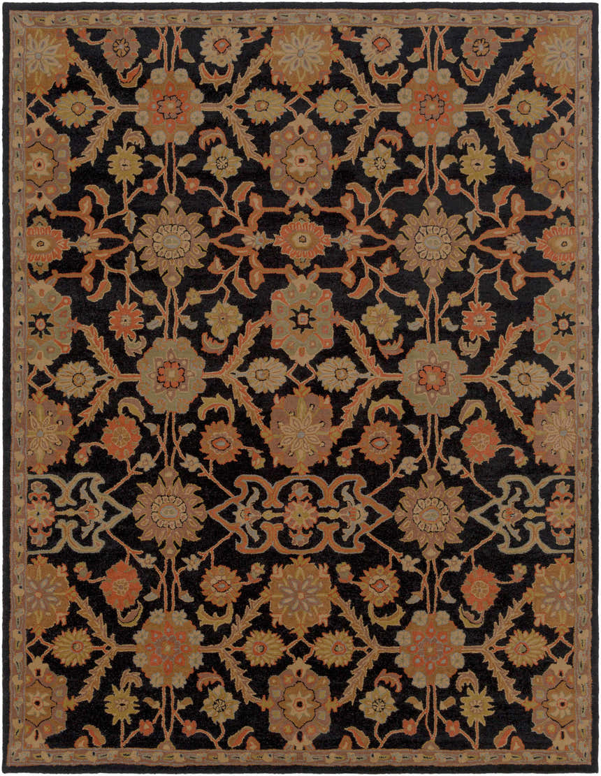 Detailed Salix Hand Tufted Black Wool Rug with floral patterns in brick red, camel, mustard, olive, rust, sage, and terracotta. Design-Rectangle-7696