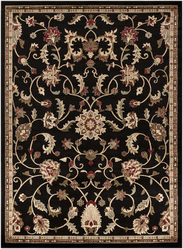 Detailed floral pattern on a black Salona Luxe Rug with coral, beige, and gray accents. Design-Rectangle-71010