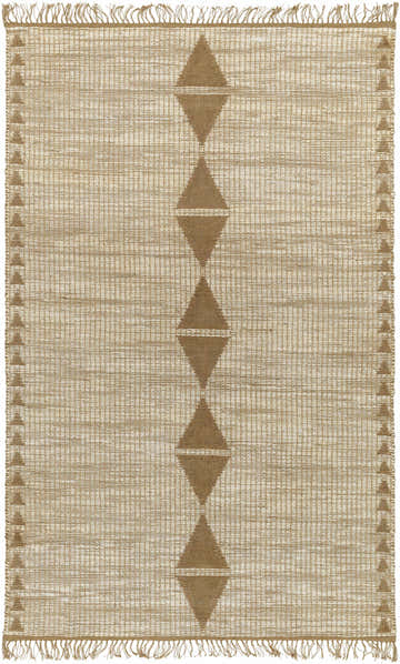 Close-up of a hand woven Marie Jute Rug. Features khaki diamonds on an ash jute background, finished with fringe. Design-Rectangle-576