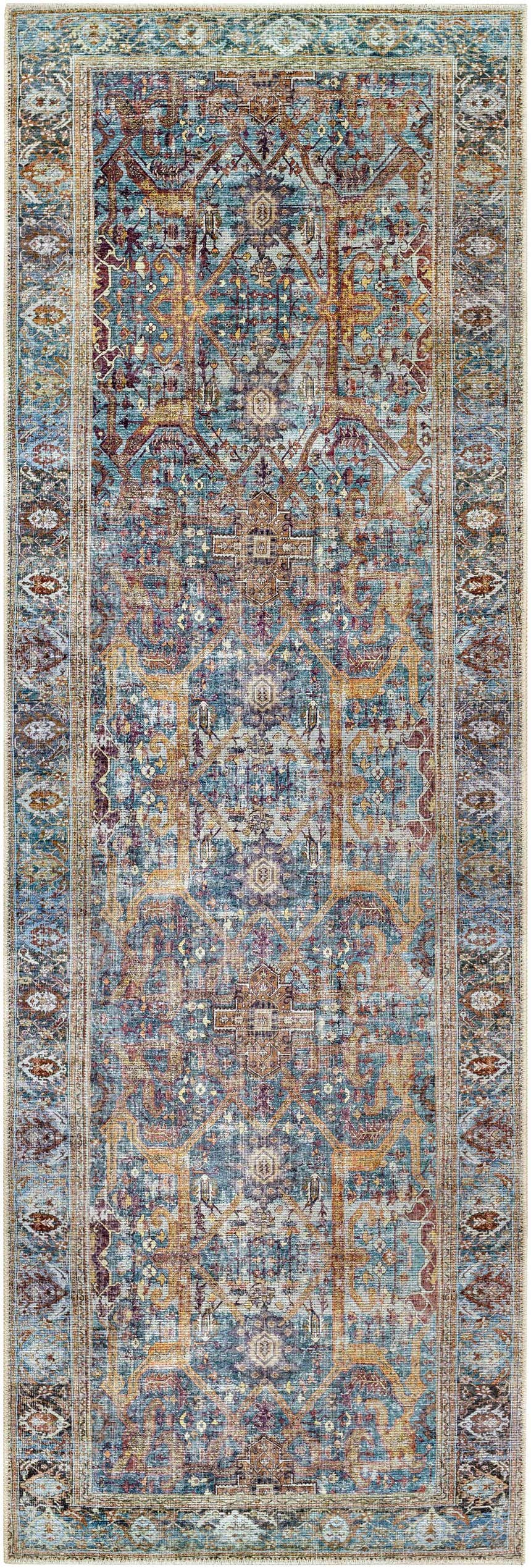 Detailed texture of a Kaif Washable Area Rug in teal, brown, and mauve. Traditional design, machine woven polyester. Design-Runner-27710