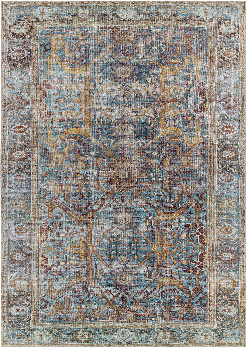 Detailed view of the Kaif Washable Area Rug in teal, brown, and gold. Traditional, machine-woven design. Design-Rectangle-5373