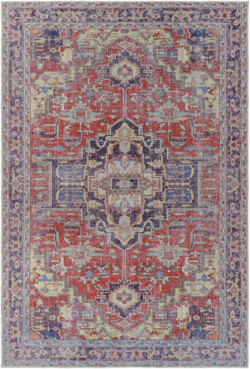 Detailed view of the Reza Red Washable Rug, featuring a traditional pattern in garnet, bone, and cloud gray hues. Design-Rectangle-5373