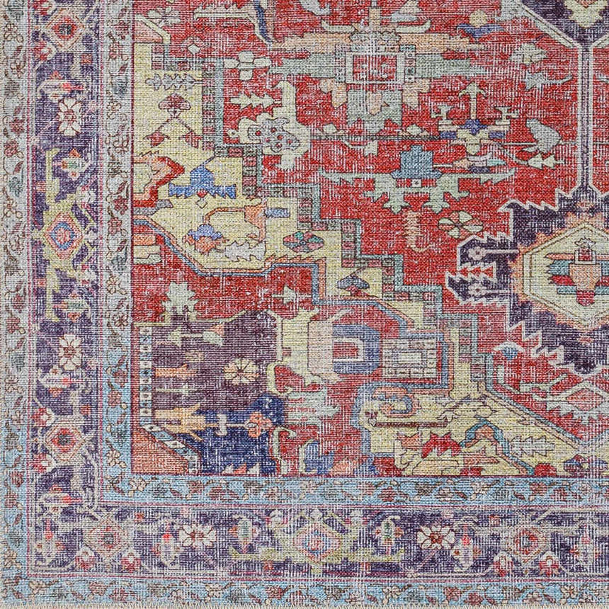 Close-up of the Reza Red Washable Rug, showcasing its traditional pattern, garnet red, bone, and cloud gray colors. Swatch