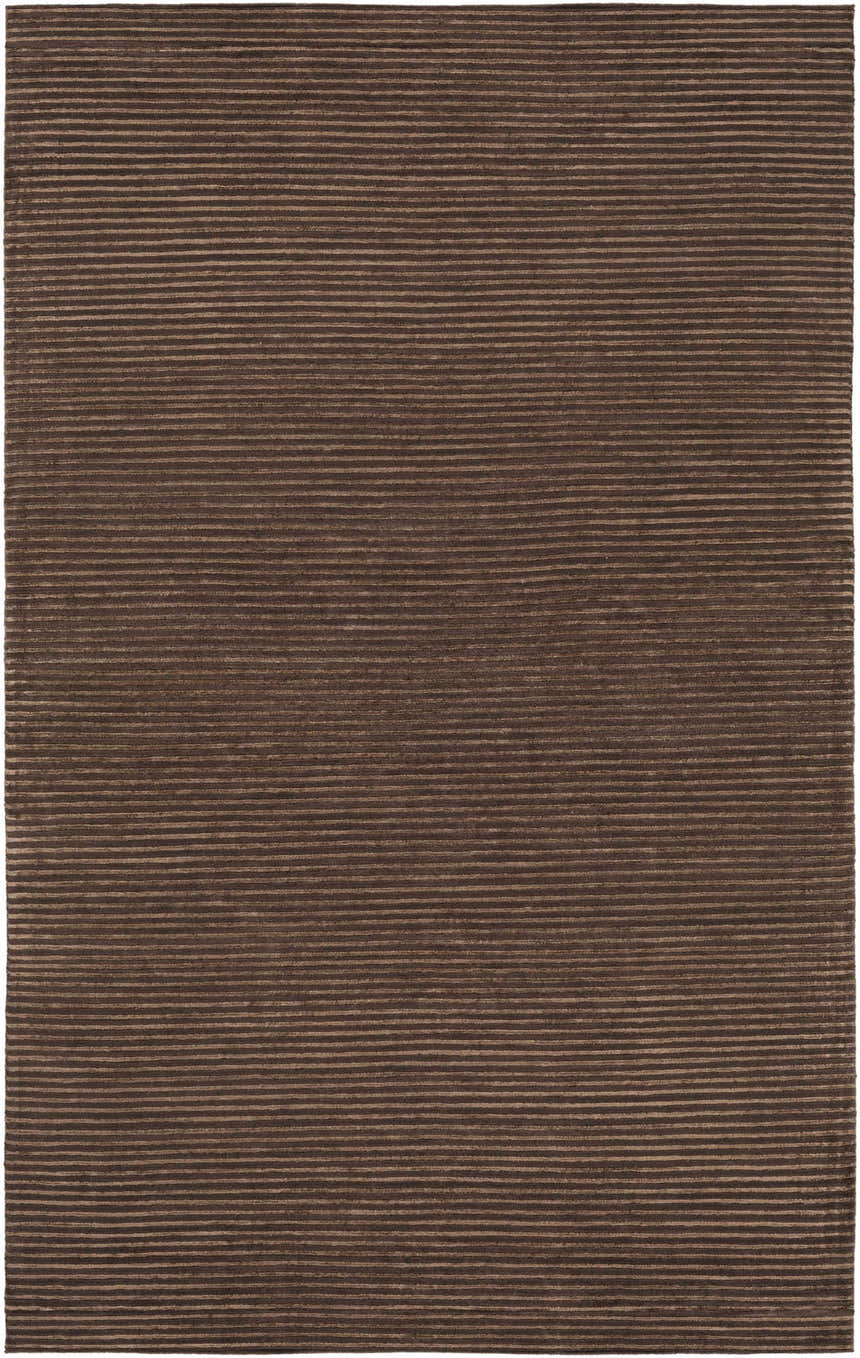 Close-up of the Sanatoga Area Rug. Hand-knotted wool and viscose rug with a horizontal stripe pattern in brown and tan. Design-Rectangle-58