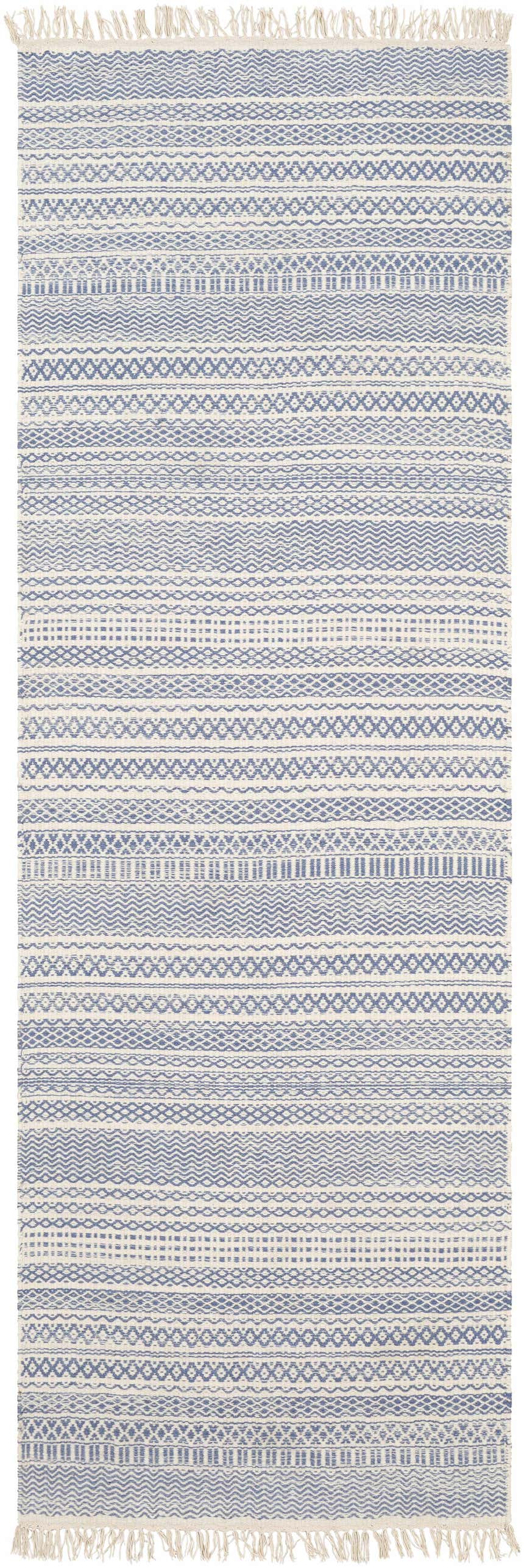 Close-up of the hand woven Sanc Blue/Cream rug. Features blue geometric patterns on cream wool with fringed edges. Design-Runner-268
