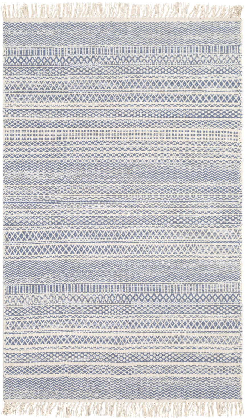 Close-up of Sanc Blue/Cream rug. Hand-woven wool rug with geometric patterns and fringe. Contemporary, farmhouse style. Design-Rectangle