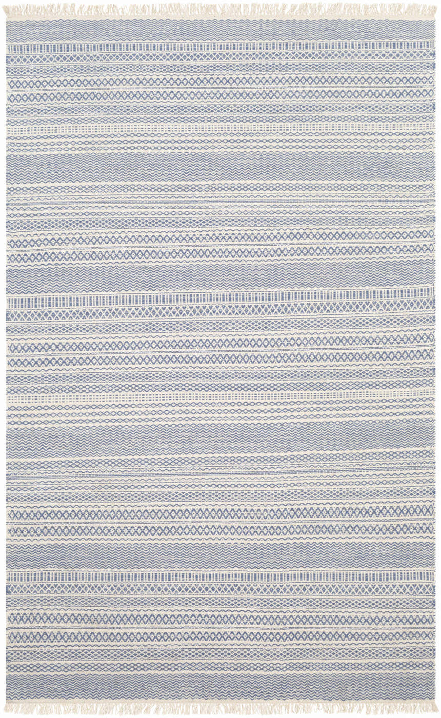 Close-up of Sanc Blue/Cream rug. Flatweave wool rug with blue geometric patterns on a cream background. Design-Rectangle-58
