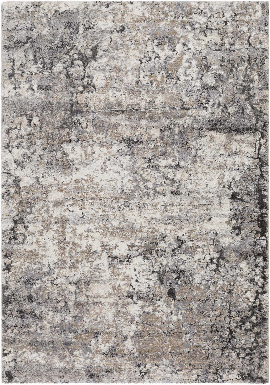 Close-up of the Satsop Rock Pattern Thick Rug. Contemporary design in black, charcoal, gray, ivory, and tan. Machine woven texture. Design-Rectangle-5373