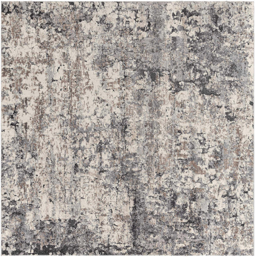 Close-up of the Satsop Rock Pattern Thick Rug. Contemporary design in black, charcoal, gray, ivory, and tan. Design-Square-710