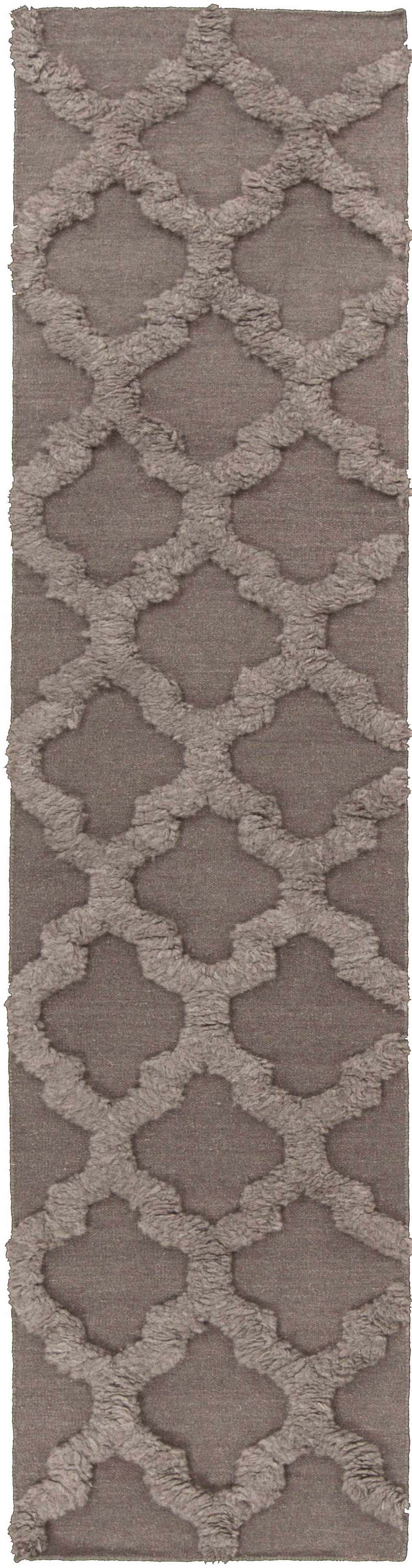 Close-up of the Saulsville Area Rug. Charcoal wool runner with a raised, textured geometric lattice pattern. Hand woven shag rug. Design-Runner-268