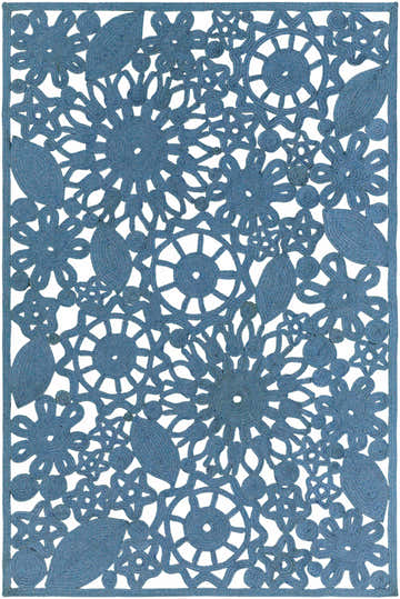 Close-up of the blue Sauquoit Area Rug. Hand-woven rug features a floral and leaf pattern. Farmhouse style. Design-Rectangle-576