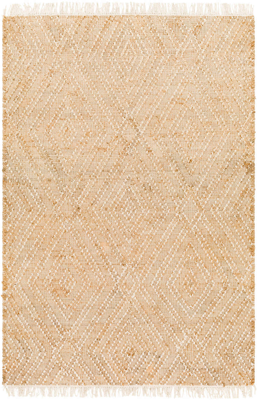 Close-up of the Dunne Area Rug. Hand-woven jute rug with diamond pattern in beige, camel, and ivory. Fringe detail. Design-Rectangle-576