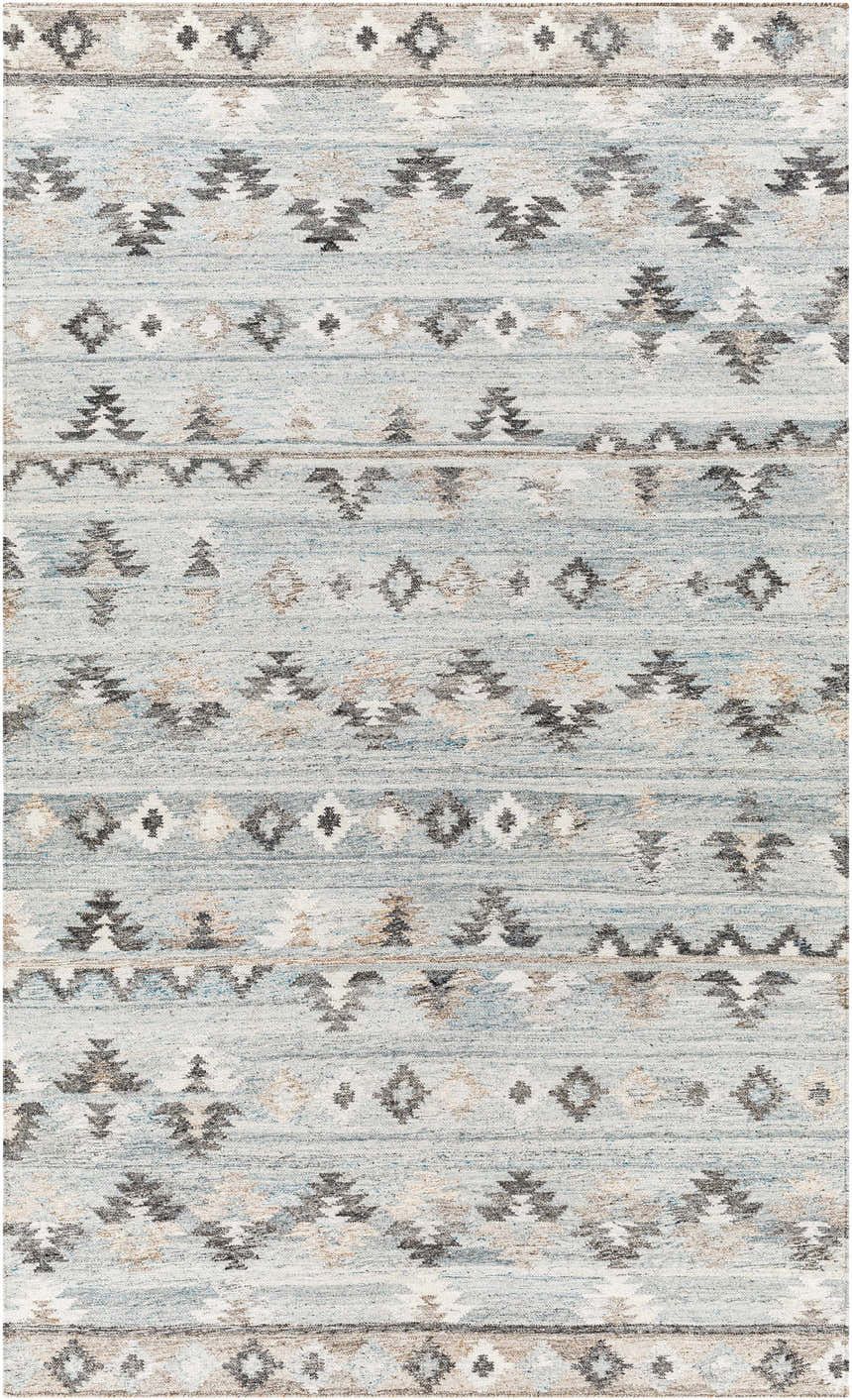 Close-up of the Denna Area Rug showing its Southwestern-inspired pattern in blue, gray, brown, and white recycled PET yarn. Design-Rectangle-576