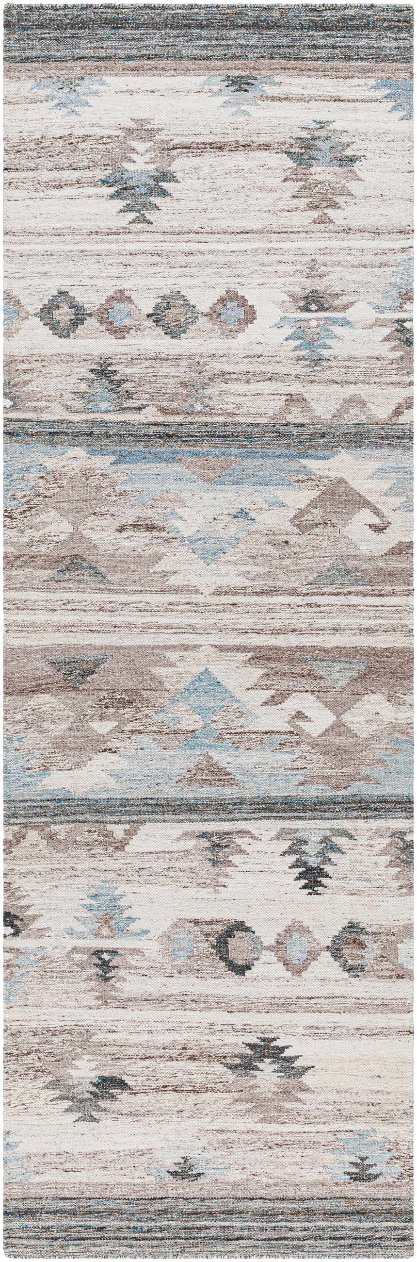 Close-up of Duyen Area Rug. Hand-woven recycled PET yarn rug with Scandinavian and Southwestern-inspired blue and brown geometric patterns. Design-Runner-268