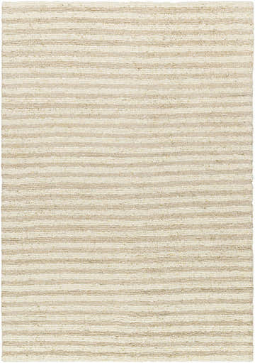 Close-up of the Debra Area Rug, a hand-woven rug with a striped pattern in off-white and taupe. Design-Rectangle-69