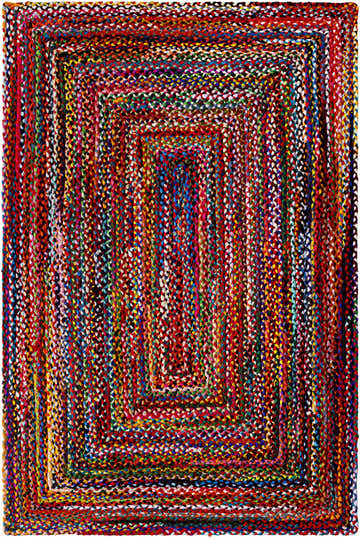 Close-up of the hand-loomed Henio Area Rug. Features a colorful braided pattern with red, blue, yellow, and green recycled fabric. Design-Rectangle-576