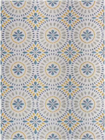 Close-up of the light gray Karin Area Rug featuring a floral pattern in blue, gray, and yellow. Design-Rectangle-527