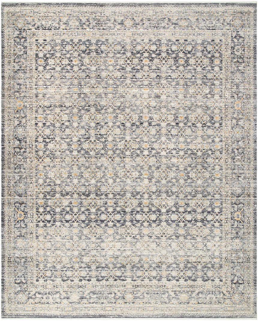 Close-up of the Margaret Navy Washable Rug. Becki Owens x Livabliss rug with a traditional, distressed pattern in navy, gray, and cream. Design-Rectangle-71010