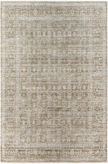 Close-up of the Margaret Damask Sage Washable Area Rug. Features a traditional damask pattern in khaki, taupe, and light gray. Design-Rectangle-537