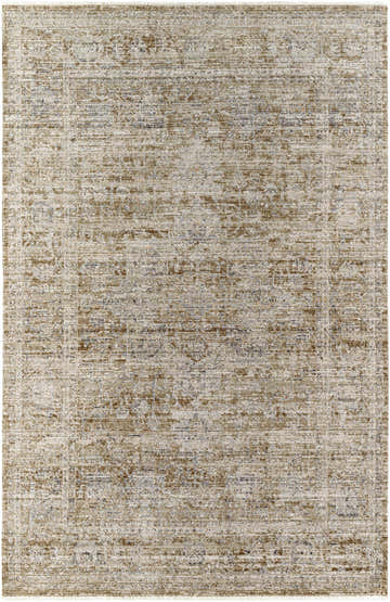 Close-up of the Margaret Damask Dark Sage Washable Area Rug. Farmhouse style rug with ash, sage, and brown tones. Design-Rectangle-53710