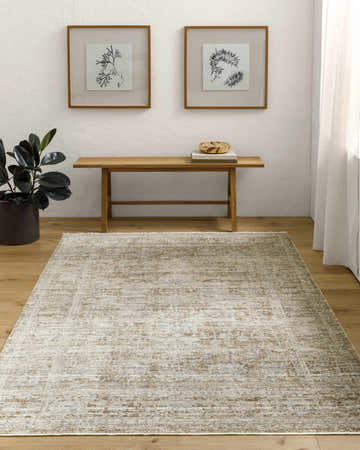 Entryway with wood floors and Margaret Damask Dark Sage Washable Area Rug, bench, plant, and framed art. Roomscene-Rectangle