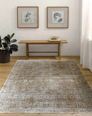 Entryway with a Margaret Damask Sage & Gray Washable Area Rug, wood bench, and botanical art. Farmhouse style. Roomscene-Rectangle