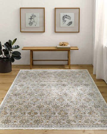 Entryway with a wood bench and Margaret Cream Washable Rug. Farmhouse style with light gray, pale slate, and pewter tones. Roomscene-Rectangle