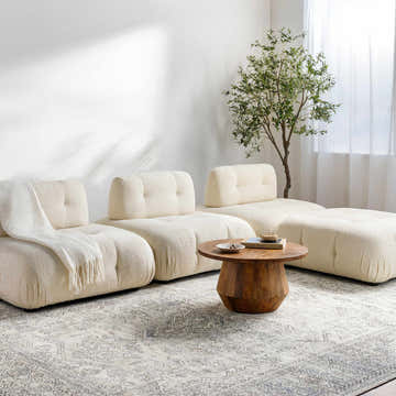 Living room scene with modular seating and Margot Medallion Light Gray rug. The rug has a traditional pattern in light gray, brown, and blue. Roomscene-Rectangle