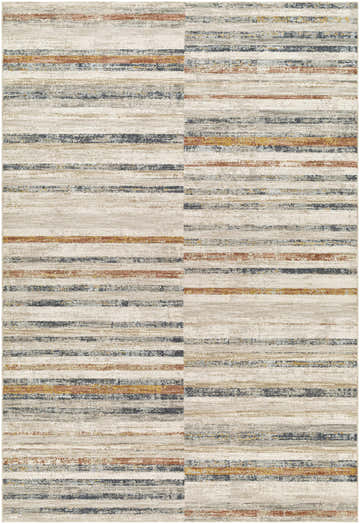 Close-up of Leone Area Rug with beige, bone, gray, and rust horizontal stripes. Contemporary style. Design-Rectangle-6796