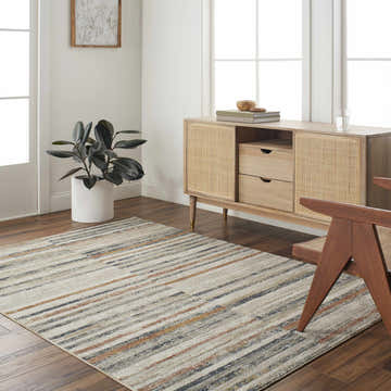 Living room scene with a beige Leone Area Rug, wood floors, and a light wood console table. Roomscene-Rectangle