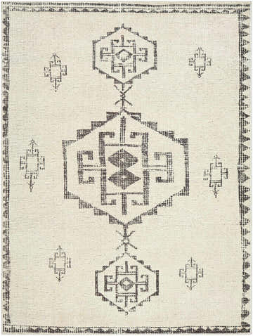 Close-up of Solona Medallion Beige Rug. Farmhouse style rug with beige background and gray geometric medallion pattern. Design-Rectangle-537
