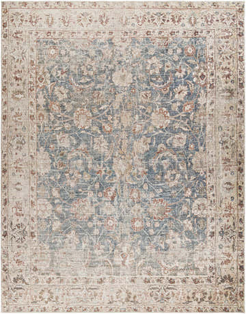 Close-up of Marlene Damask Beige & Navy Area Rug. Traditional floral pattern in navy, rust, and beige tones. Becki Owens x Livabliss rug. Design-Rectangle-71010